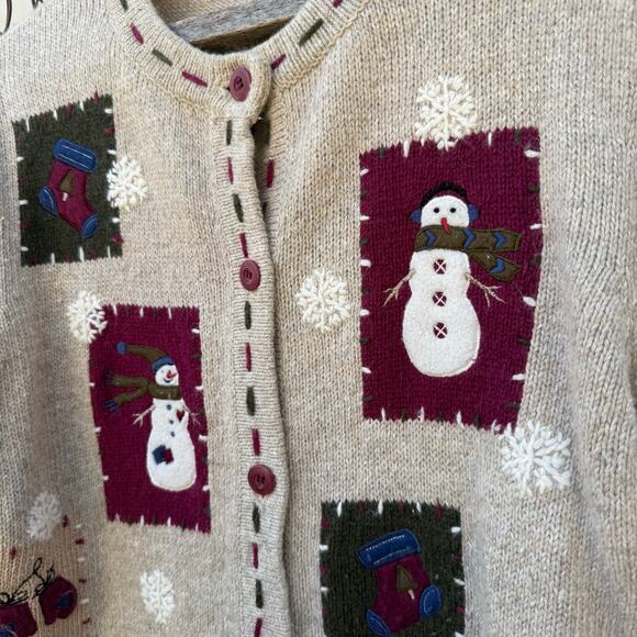 VTG Petite Rustic Cabincore Snowman Patchwork Christmas Cardigan Sweater MEDIUM - Picture 2 of 8